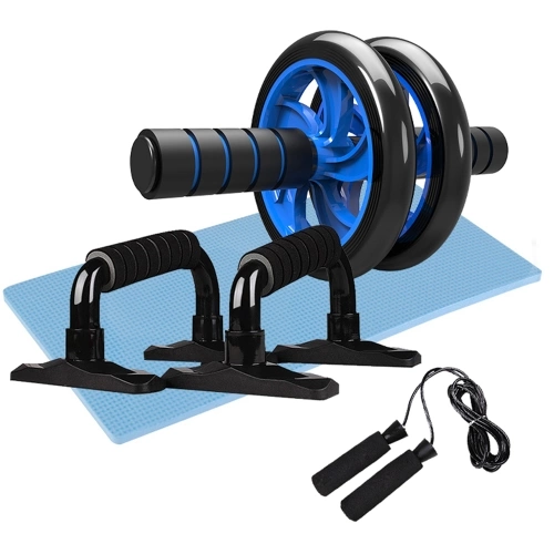 4-in-1 AB Wheel Roller Kit Abdominal Press Wheel Pro with Push-UP Bar Jump Rope and Knee Pad