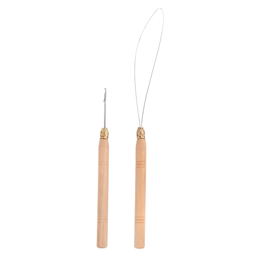 Fashion 2Pcs Hair Extension Hook Pulling Tool Needle Threader Micro Ring Beads Loop Wooden Handle With Iron Wire Hotting