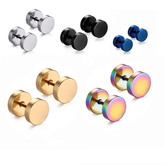 Wholesale Custom Men's Dumbbell Stud Earrings Stainless Steel Round Cake Dumbbell Earring Jewelry for Men