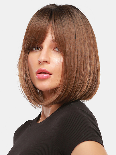 14 Inch Black Gradient Brown Short Straight Hair Fluffy BOBO Head Full Head Cover Wig
