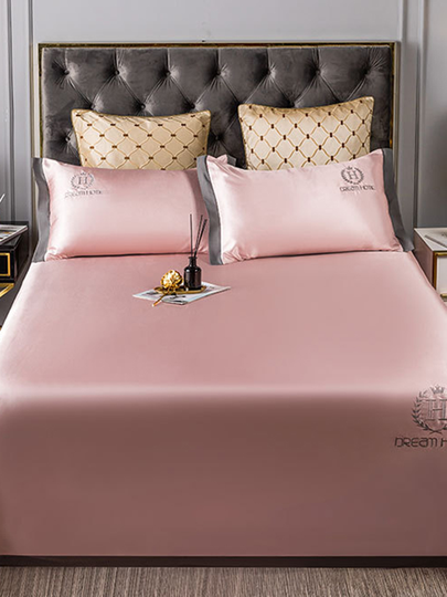 3Pcs Ice Silk Embroidered Bed Sheet Washable Solid Color Seamless Silk Sheet
